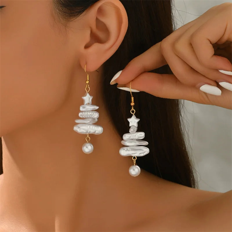 Trendy Pearl Christmas Tree Earrings Hook Dangle For Women Irregular Imitation Pearl Tassel Dangle Earring Wedding Party Jewelry