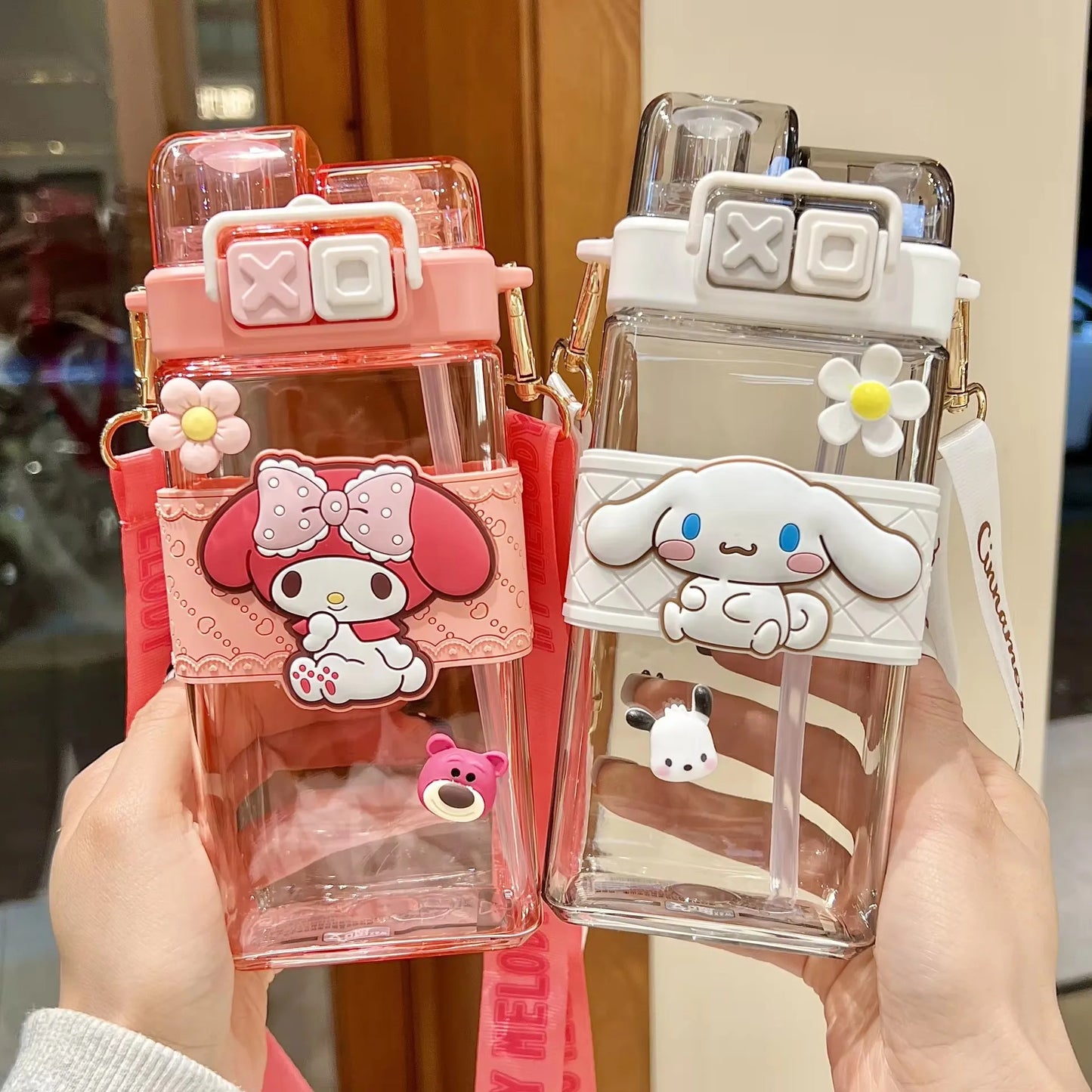 520ml Sanrio Melody Pompompurin Kuromi Cinnamoroll Plastic Bottle Double Drink Cup Students Cartoon Large Capacity Water Bottle