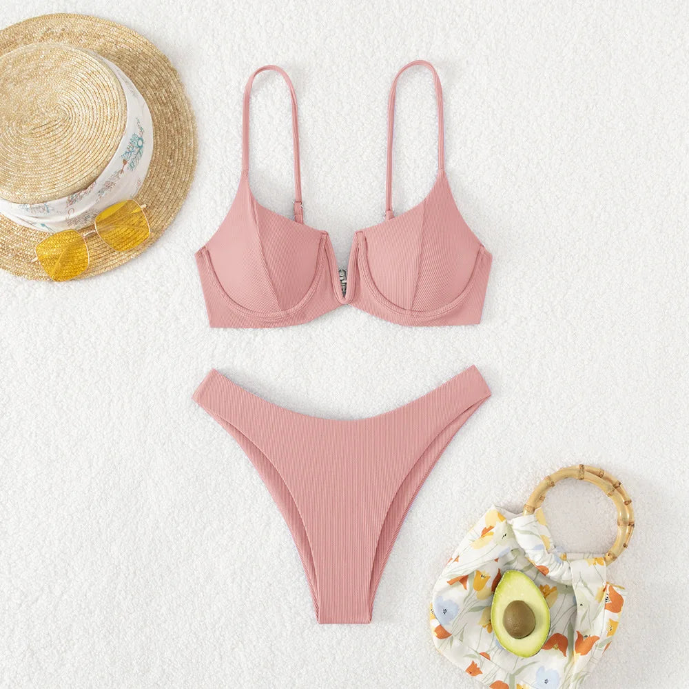 Sexy Underwired BikiniS 2024 Mujer Women Solid V-bra Push Up Two pieces Bikini Set High Cut Bathing Suit Padded Thong Swimsuit