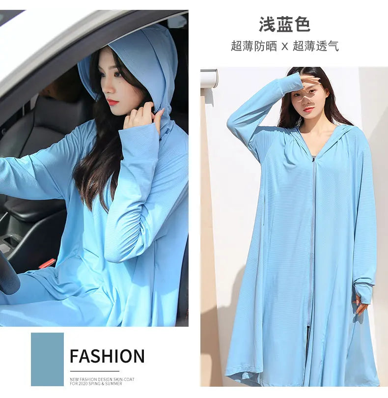Sunscreen Sun Protection Long Coat Hooded Washable Ruffles Adjustable Waist Beach Anti-UV Dress For Women UPF50+ Long Coat 5XL