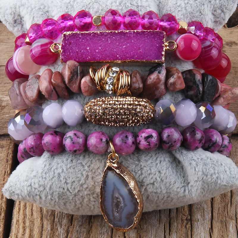 Fashion Designer Gemstone Crystal Glass Beaded Bracelet Sets Druzy Charm 5pc Stack Bracelet Bracelets Set For Women Jewelry Gift