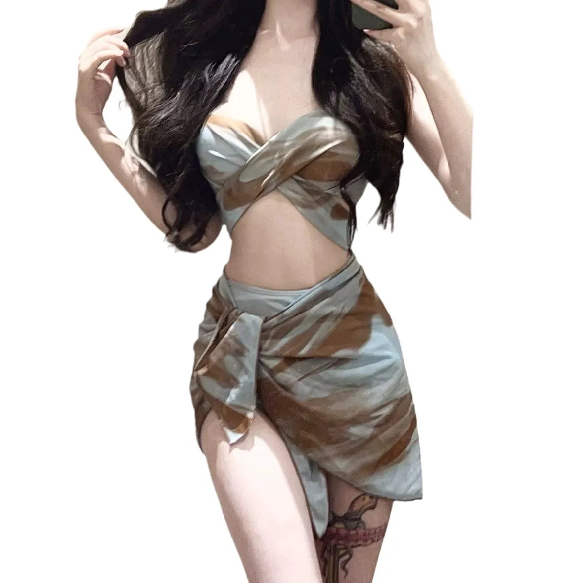 sexy Korean fashion blue tie dye print push up bikinis sets 3pcs with mesh cover skirt swimsuit sweet beach outfits biquini