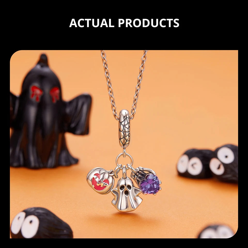 BISAER 925 Sterling Silver Halloween Skull & Pumpkin Charm Bead Pumpkin Cat Magic Crystal Pendant for Women DIY Bracelet Jewelry