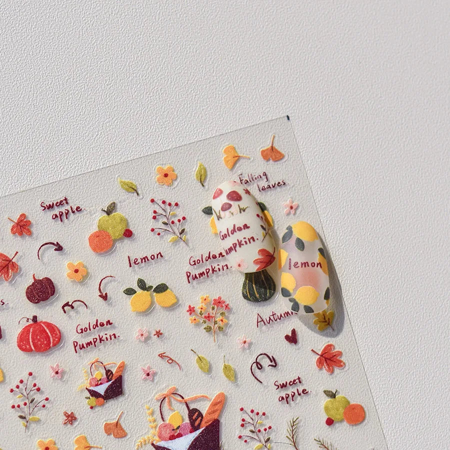 Classic Red Maple Leaves Golden Ginkgo Autumn Harvest 5D Nail Art Sticker Cute Pumpkins Ladybug Mushrooms Adhesive Manicure Deca