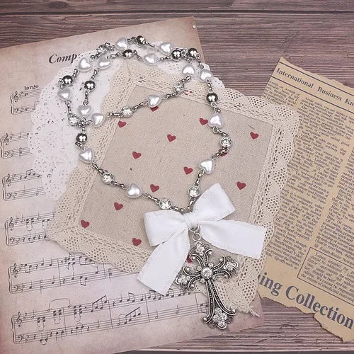 Lolita Style Accessories Beads Fashion Jewelry Handmade Necklace Rhinestone Cross Love Chain Long Necklace for Women