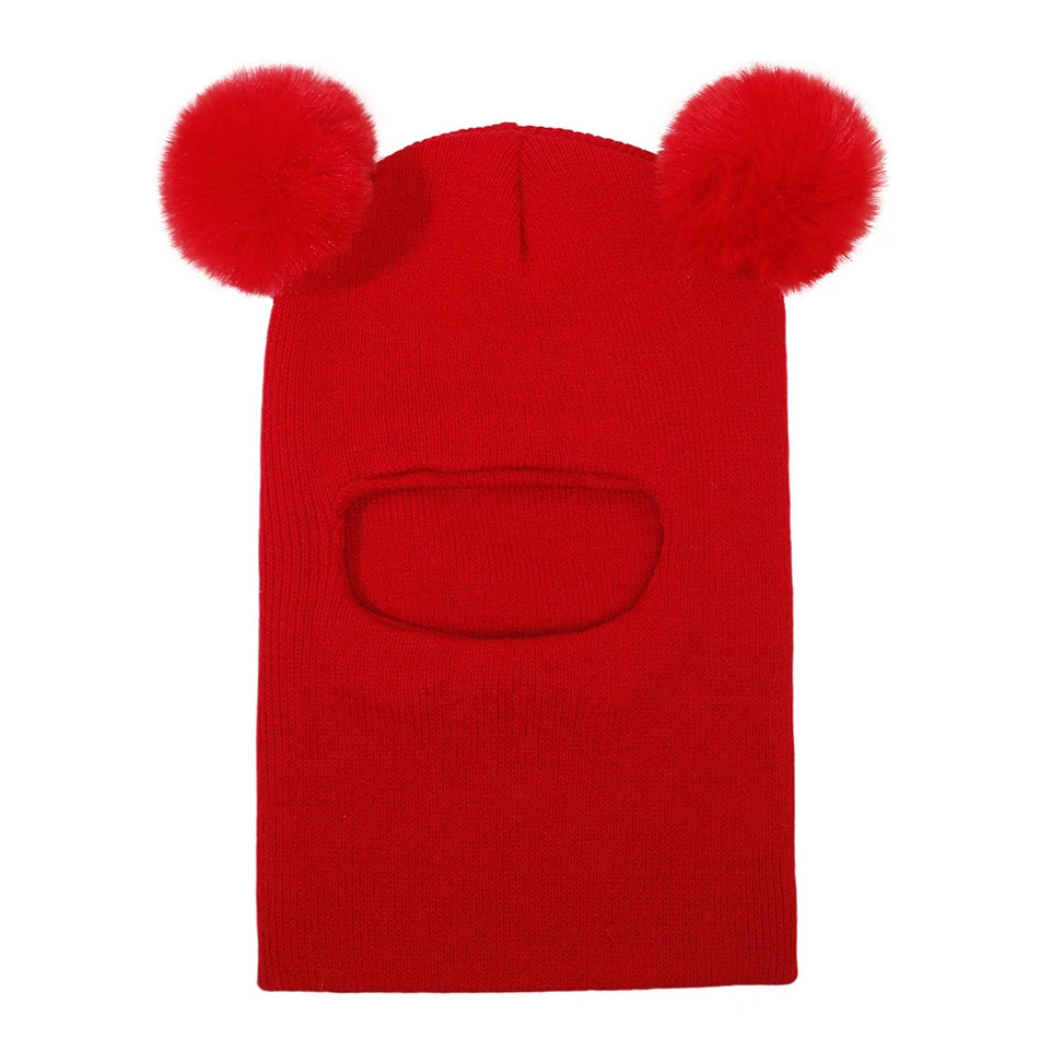 Kids Autumn Winter Pullover Hat Children's Double Ball Ear Protection One-piece Hats Baby Yarn Knit Cap Balaclava Christmas Gift