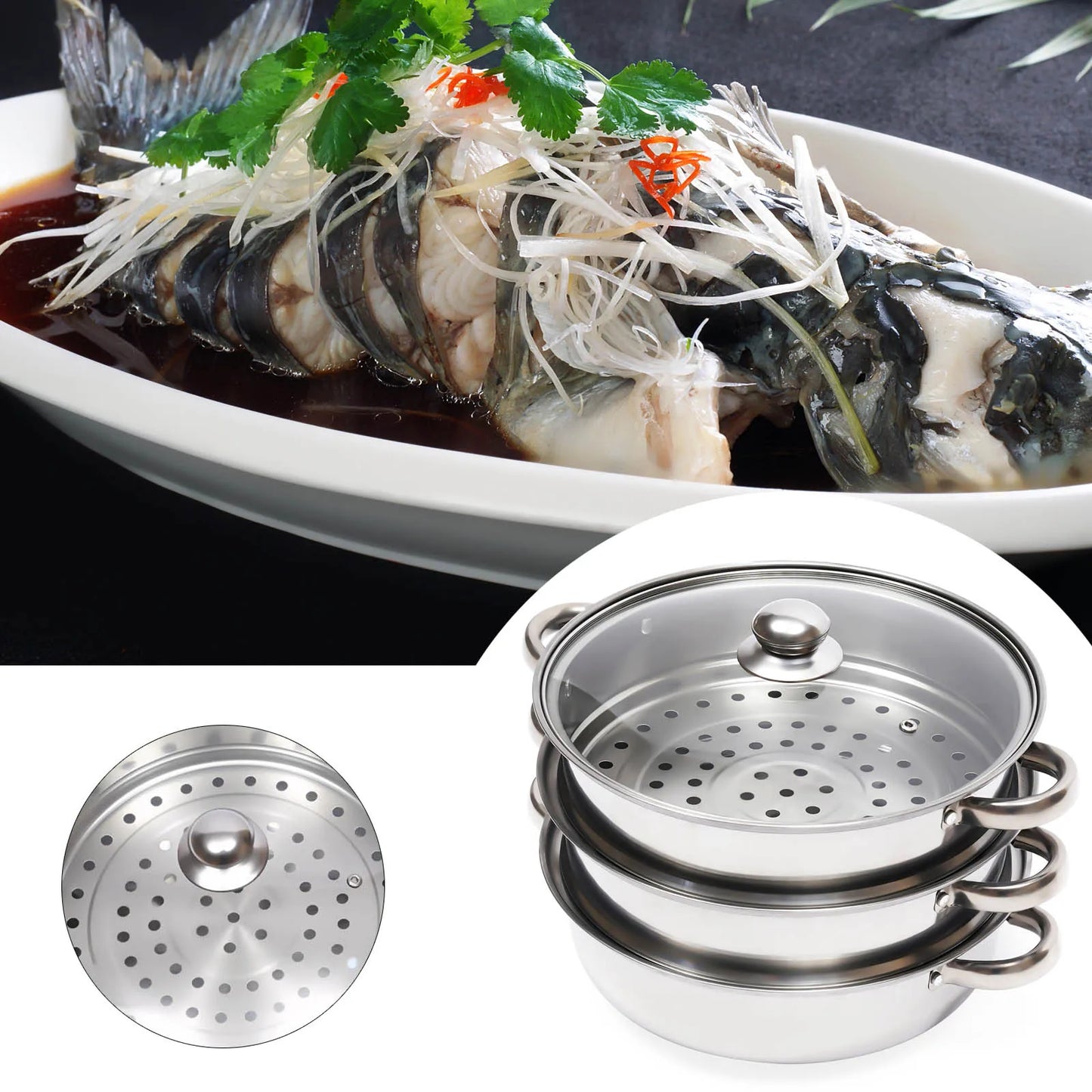 3 Tiers Stainless Steel Steamer 28cm Overlapping Steaming Pot Cookware Kitchen Soup Steamer Cooker Set Silver with Glass Lid