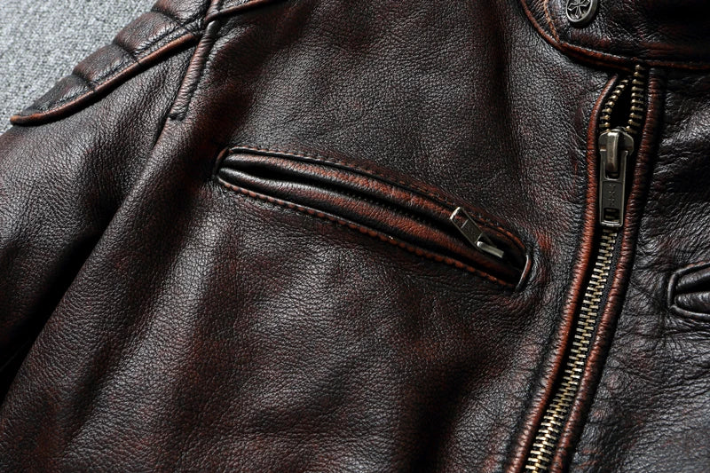 Vintage Red Brown Men Leather Jacket 100% Cowhide Jackets Slim Fit Soft Skin Coat Autumn Jaqueta Masculina De Couro