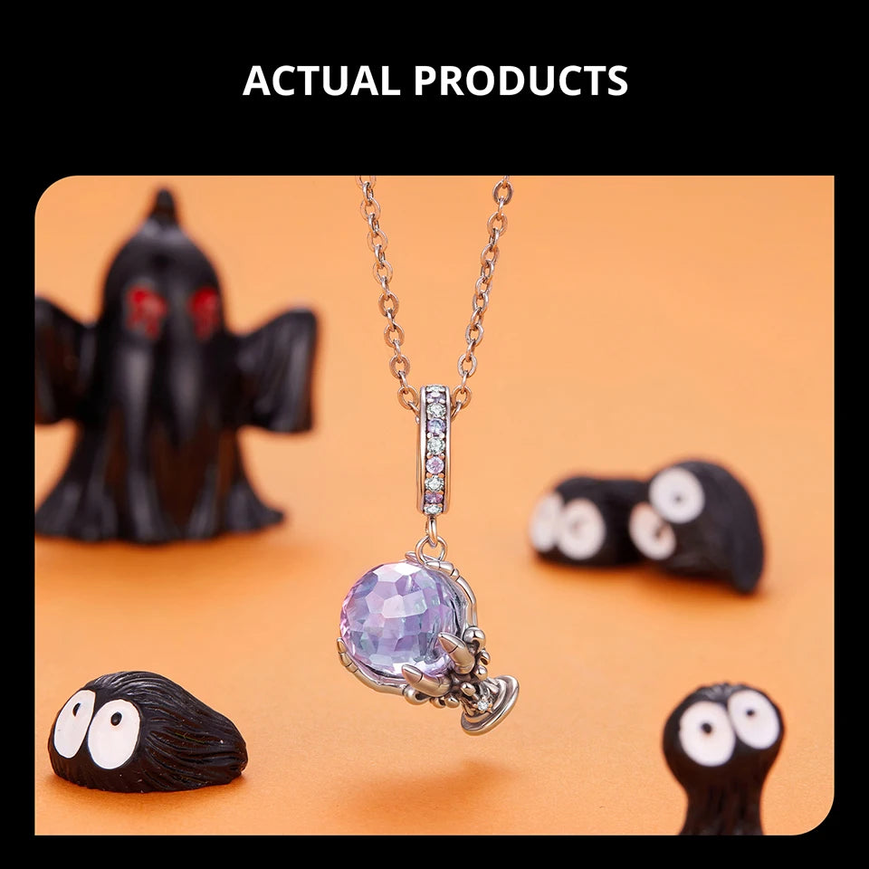 BISAER 925 Sterling Silver Halloween Skull & Pumpkin Charm Bead Pumpkin Cat Magic Crystal Pendant for Women DIY Bracelet Jewelry