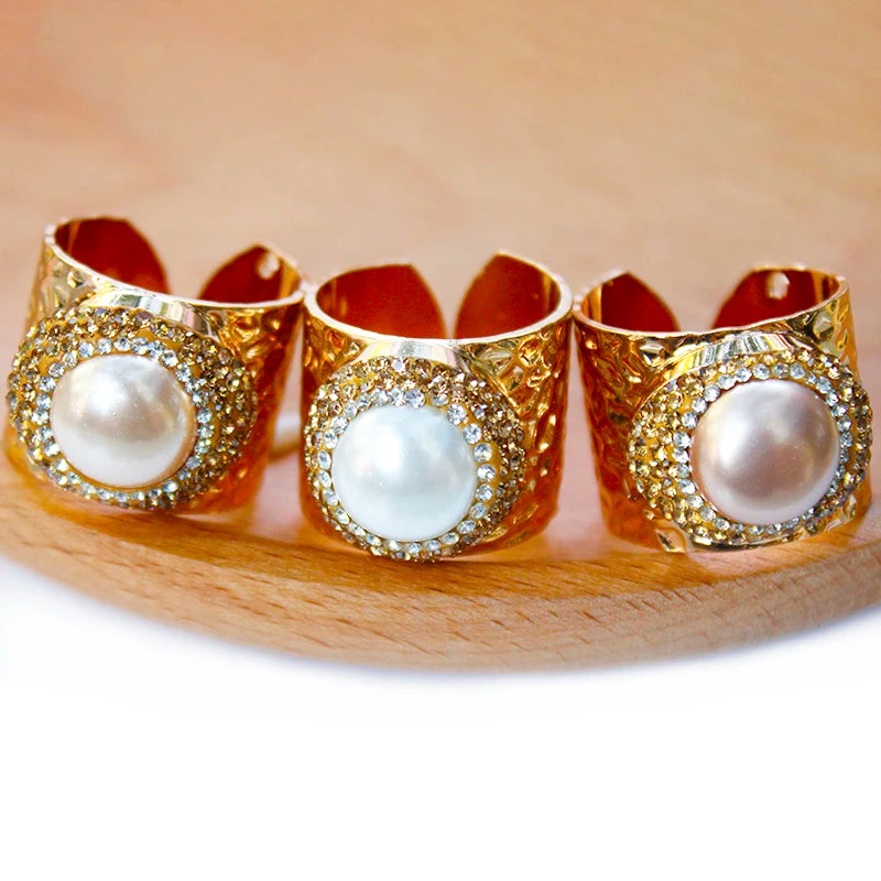 Micro Inlay Full Rhinestone Gold Plated Pearl Bride Engagement Wedding Open Ring Resizable