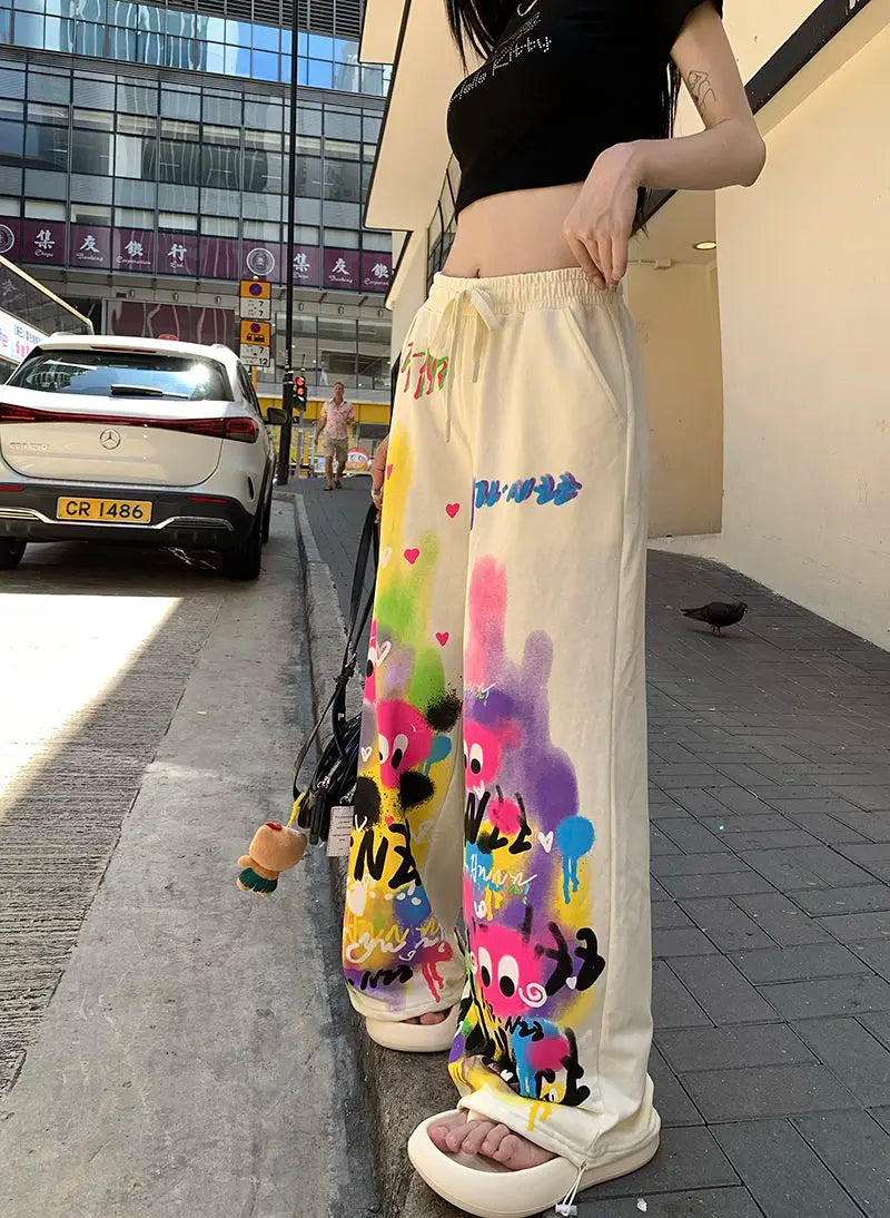 Kawaii Cute Dopamine Graffiti Casual Pants Women Tie Dye Summer Elastic High Waiste Drawstring Pockets Loose Wide Leg Trousers