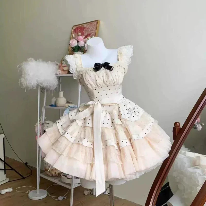 Spring Japanese Sweet Birthday Party Dress Women Y2k Cute Polka Dot Design Bodycon Dress Female Bow Korea Style Chic Clothing