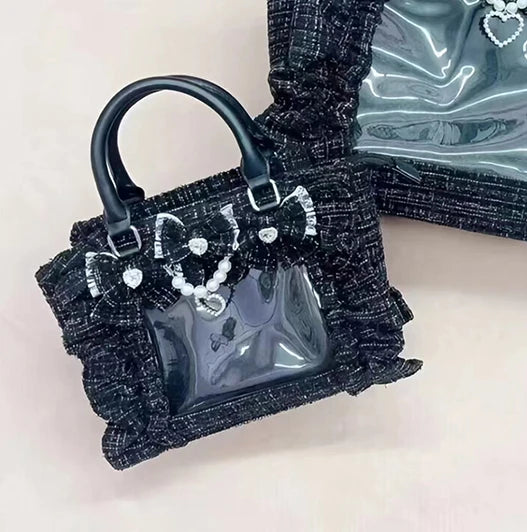 Japanese Style Mine Ita Bag Ruffled Lace Women Girls Rhienstone Pearl Bowknot Square Tote Shoulder Portable Bolso Handbags