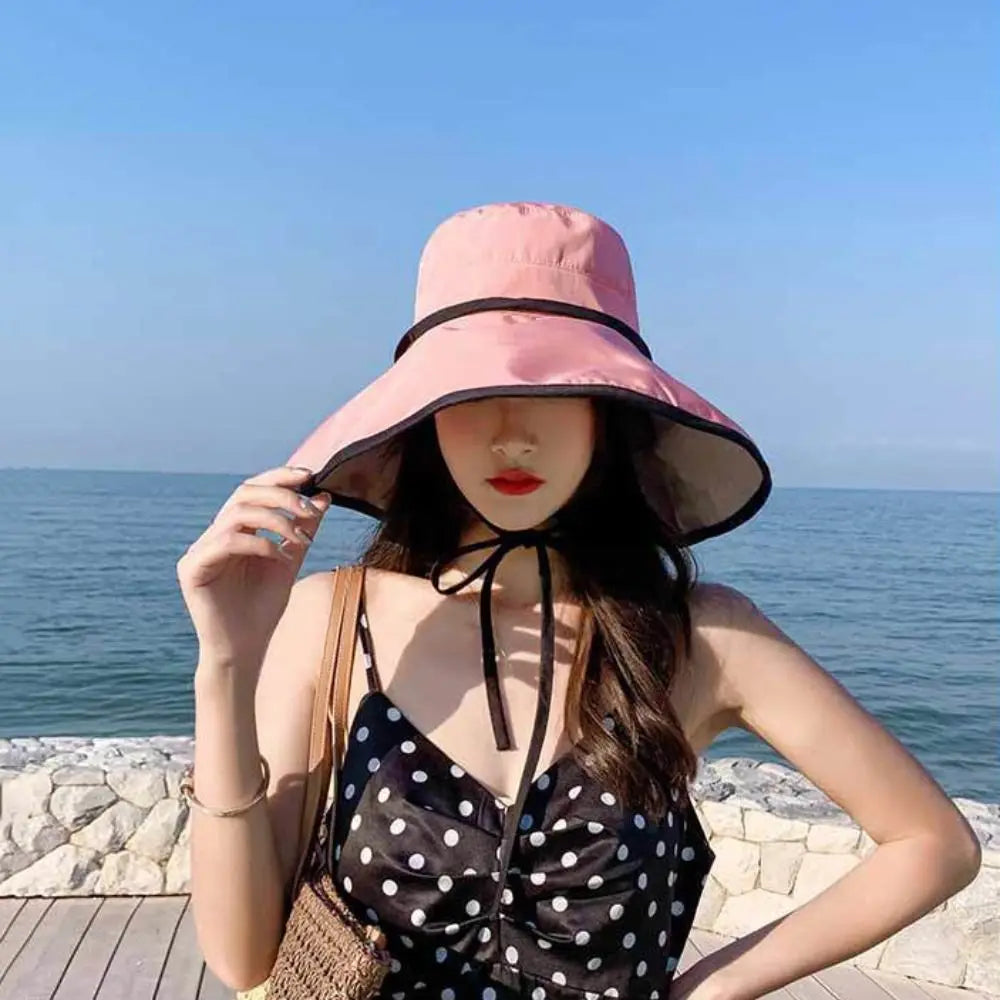 Solid Color Wide Brim Sun Hat Korean Style Anti-UV Sun Protection Hat Fisherman Hat with Neck Rope Women Bucket Hat Ladies