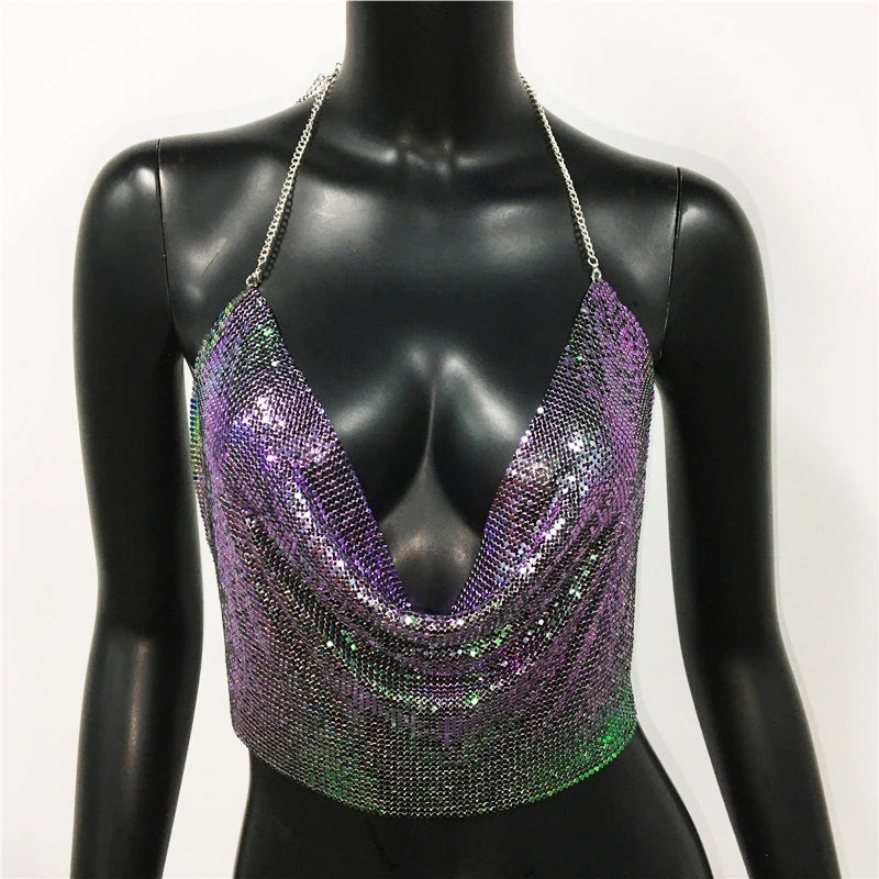 AKYZO Women 2023 Sexy Metal Sequined Tank Camis Summer Gold Silver Backless Cropped Glitter Beach Club Show Wear Tank Tops