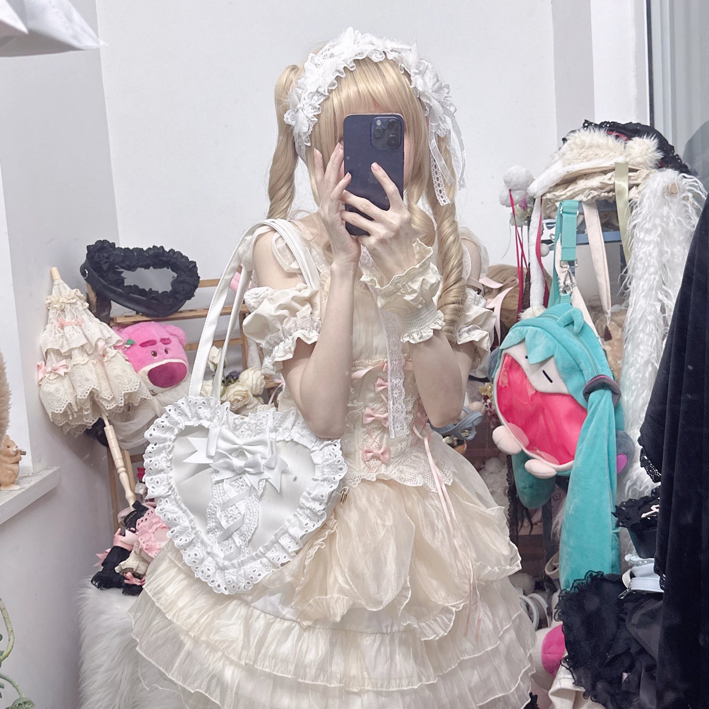 Lolita Handmade Love Heart Lace Flower Cute Shoulder Bag Sweet Girl Students Bow Tote Handbags