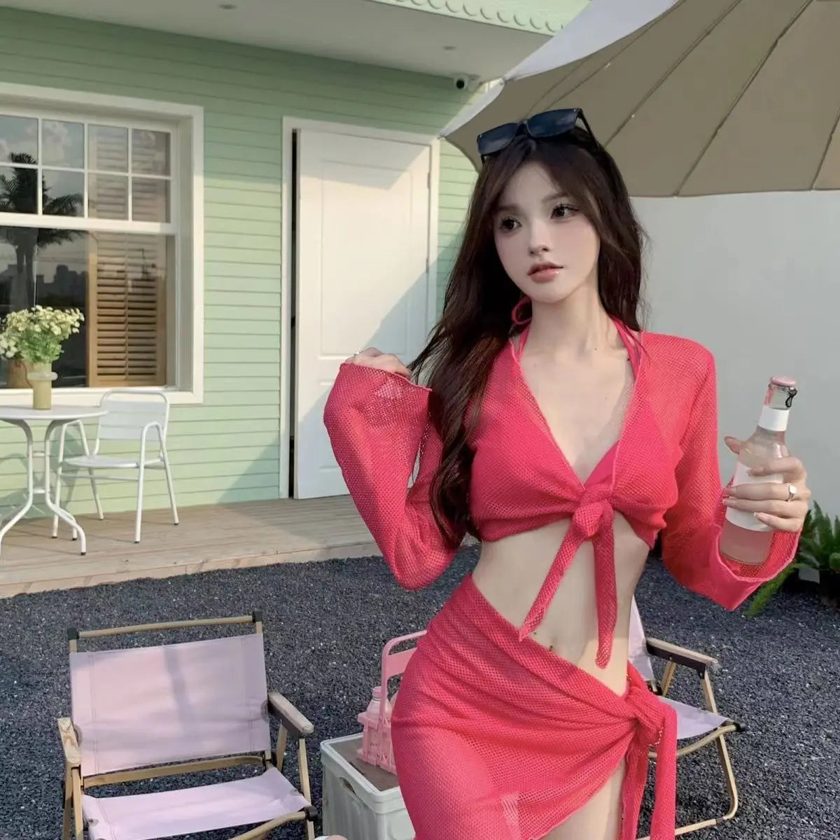 Sexy 4 Piece Lace Up Bikinis Set Women Swimsuit Solid Long Sleeve Cover Up with Skirt Swimwear New Push Up Bathing Suit Bikini