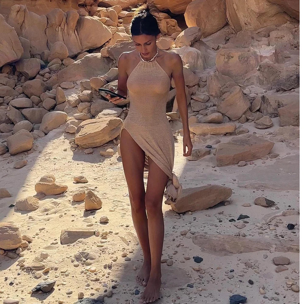 Para Praia Knitted Cover Up Beach Dress Sexy See Through Slit Bodycon Summer Dress Bikinis Cover-ups  Elegant Halter Beachdress
