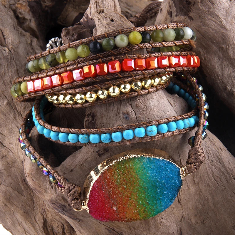 Fashion Bohemian Jewelry Bracelet Mixed Natural Stones Multicolor Big Druzy Charm Handma Wrap Bracelets Gift