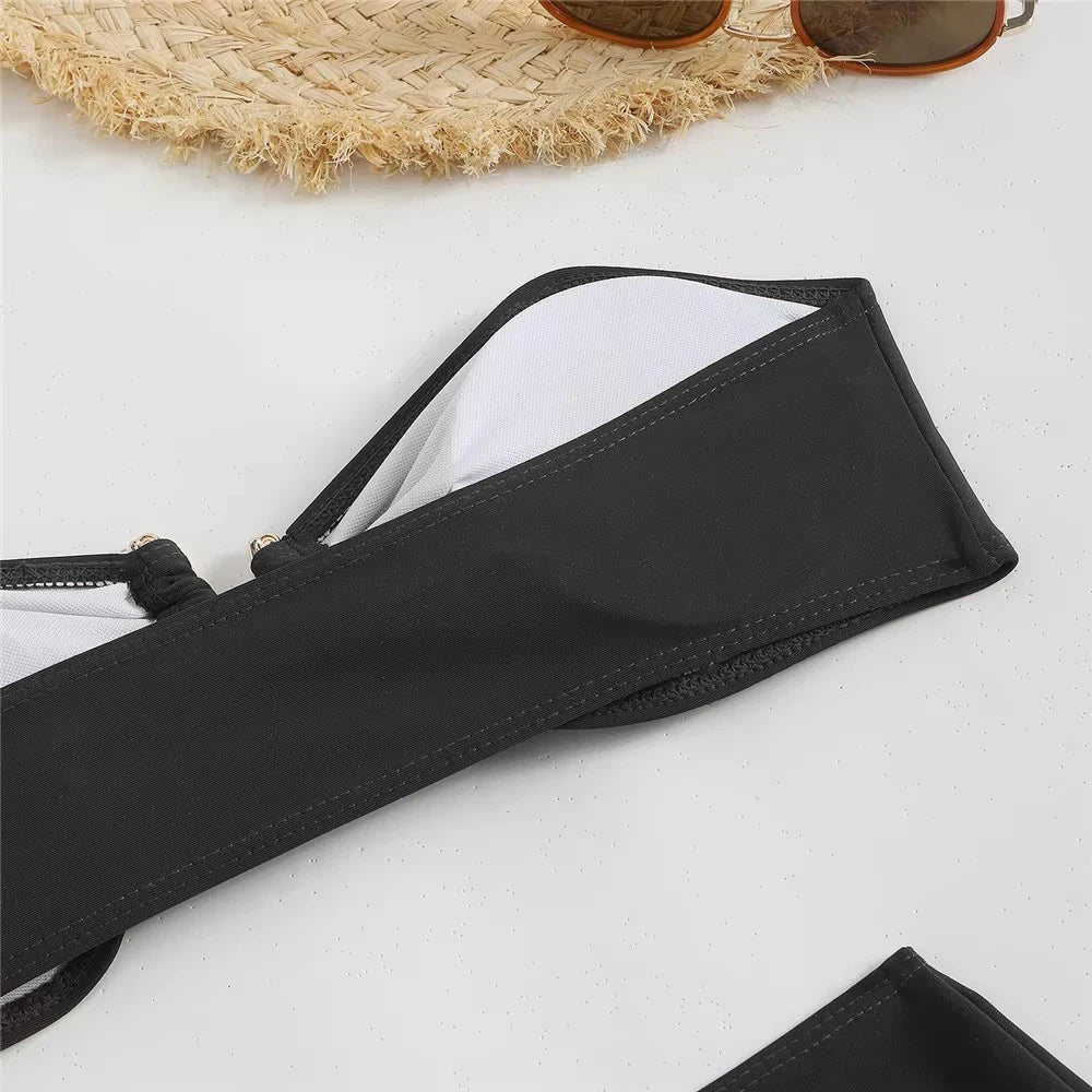 Metal Ring Sexy Swimsuit Cover Ups Bandeau Bikinis Sets 3 Pieces Solid Black Swimwear Women 2025 High Cut Bather Bikini Donna