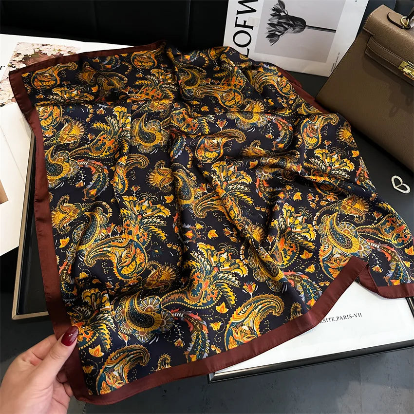 Imitated Silk Headcloth Fashion Flower Print Square Shawls Popular 70X70cm Bandanna Kerchief Sun Protection Silk Scarves Tie Bag
