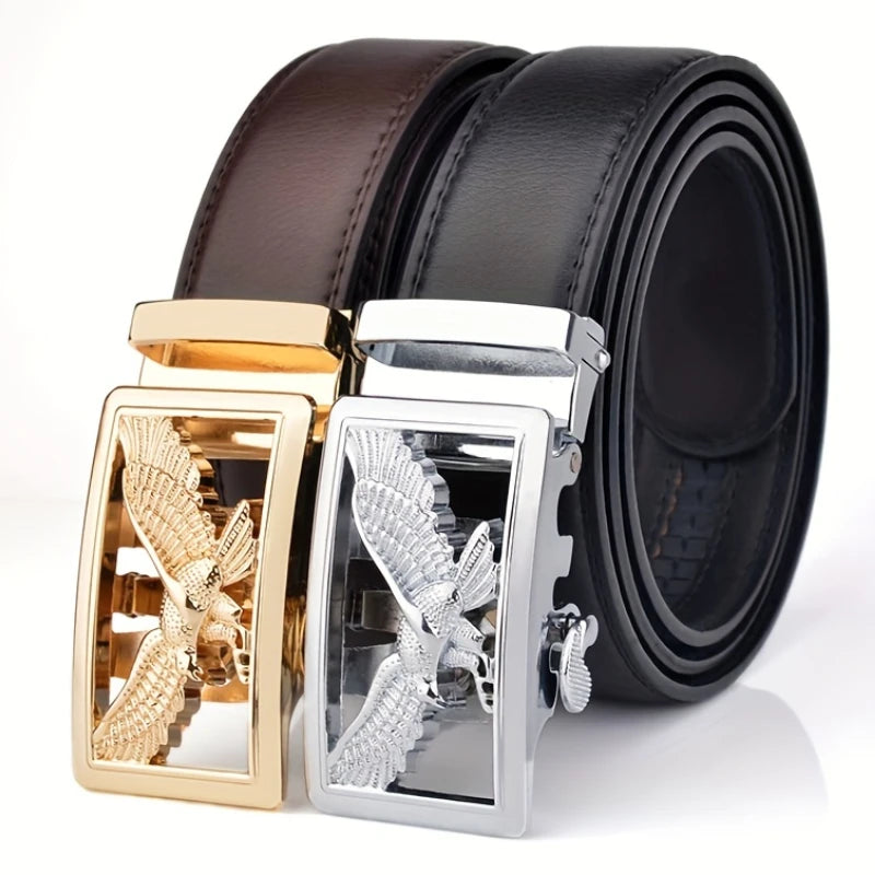Men's Belt Leather Automatic Buckle Business Casual High-quality Golden Silver Eagle Pattern Leather Belt with Automatic Buckle