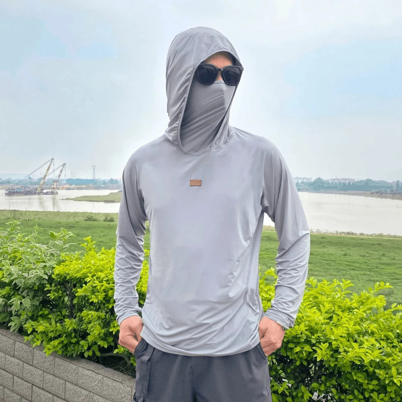 Sun Protection T-Shirts Men Fishing Hooded Outdoor Lightweight Mask Pullover Quick Drying Breathable Anti-UV Cool Sunscreen Tee