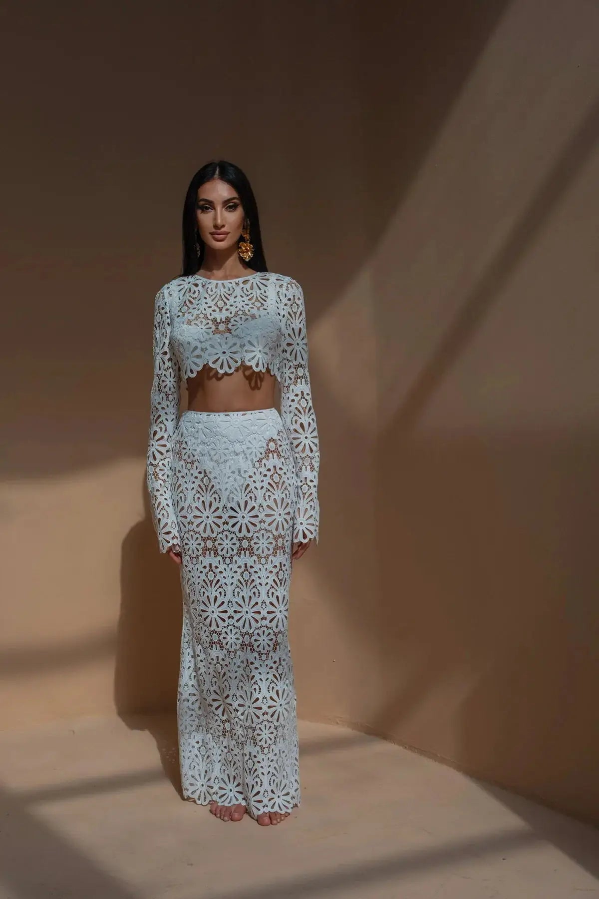 White Elegant Embroidery Hollow Out Beach Dresses Set Sexy See Though Crop Tops Long Skirts Women Sets Summer Women Outfits