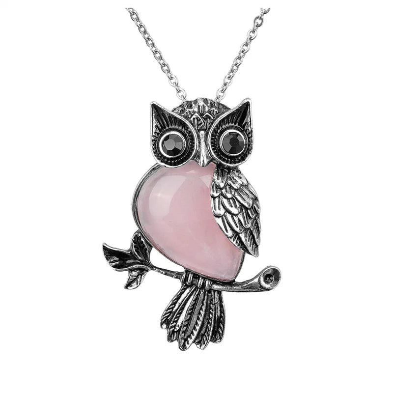 Owl Necklace Healing Crystal Stones Pendant Necklaces for Women Men Natural Amethyst Rose Quartz Gemstone Jewelry
