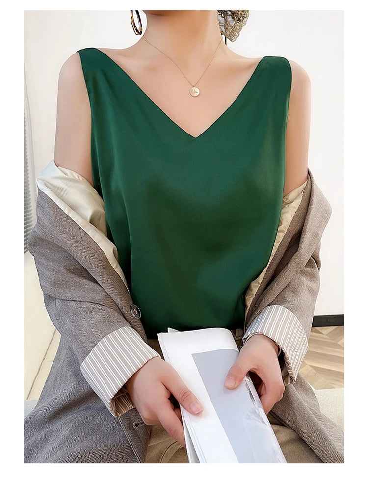 Women's New Four Seasons Inner Wear Silk Suspenders 2022 V-Neck Solid All-Match Satin Vest Soft Loose Thin Lady Sleeveless Tops