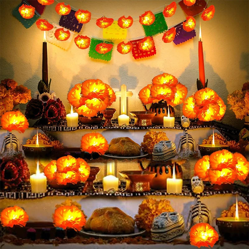 Mexican Marigold Artificial Flowers Day Of The Dead Diy Home Outdoor Decor Halloween Diwali Party 1.5m Garland String Lights