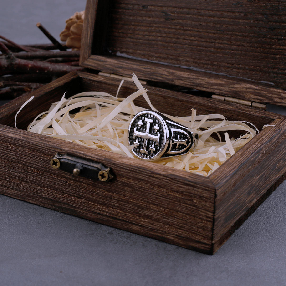 316L Stainless Steel Vintage Religious Jerusalem Cross Rings Men's Fashion Hip Hop Biker Rings Religious Jewelry Wooden Box