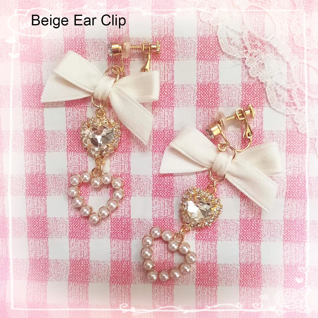 Lolita  Earrings Accessories for Women Lo Style Kawaii Bow Heart Earrings Clip/Needle Cute Women's Rhinestone Pearl