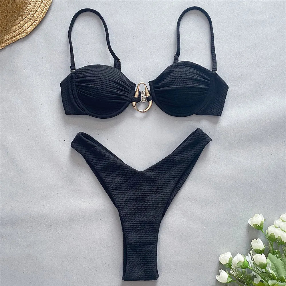 Sexy Black Push Up Bikini 2025 Women Swimwear Wrinkled Underwired Swimsuit High Cut Bathing Suit Metal Ring Bikinis Sets Biquini