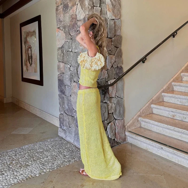 Sexy Transparent Sleeveless Shiny Camisole Tank Top Long Dress Two Piece Set 2025 Fashion Elastic Waist Wrap Hip Knitted Set K68