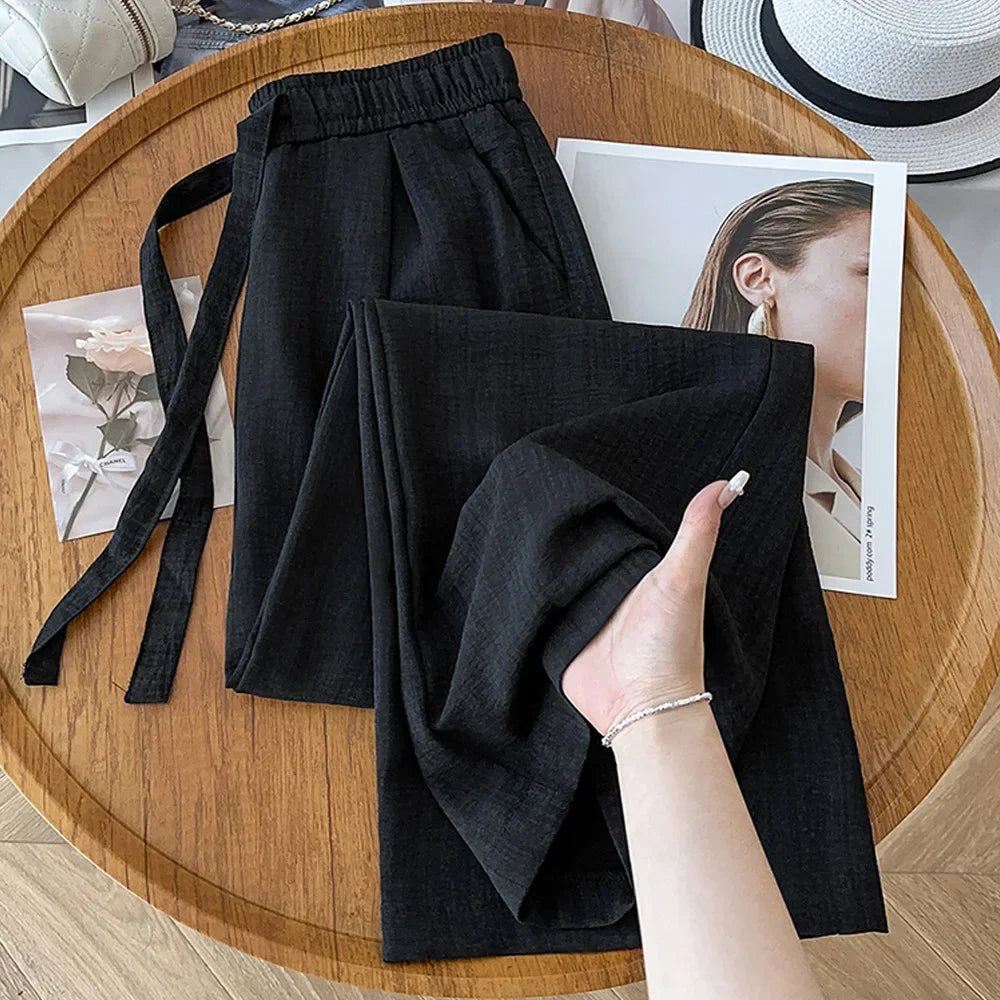 Ice Silk Wide Leg Pants Women's Loose Casual Thin Summer Trousers Small Size Draped Straight Leg Pants Female Fashion