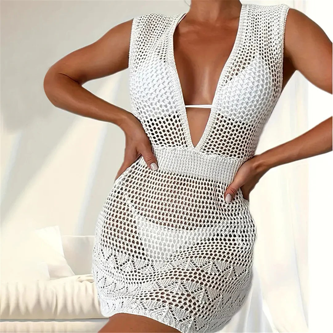 New Deep V Neck Backless Hollow Out Crochet Knitted Tunic Beach Cover Up Cover-ups Beach Dress Beach Wear Beachwear Female V6180