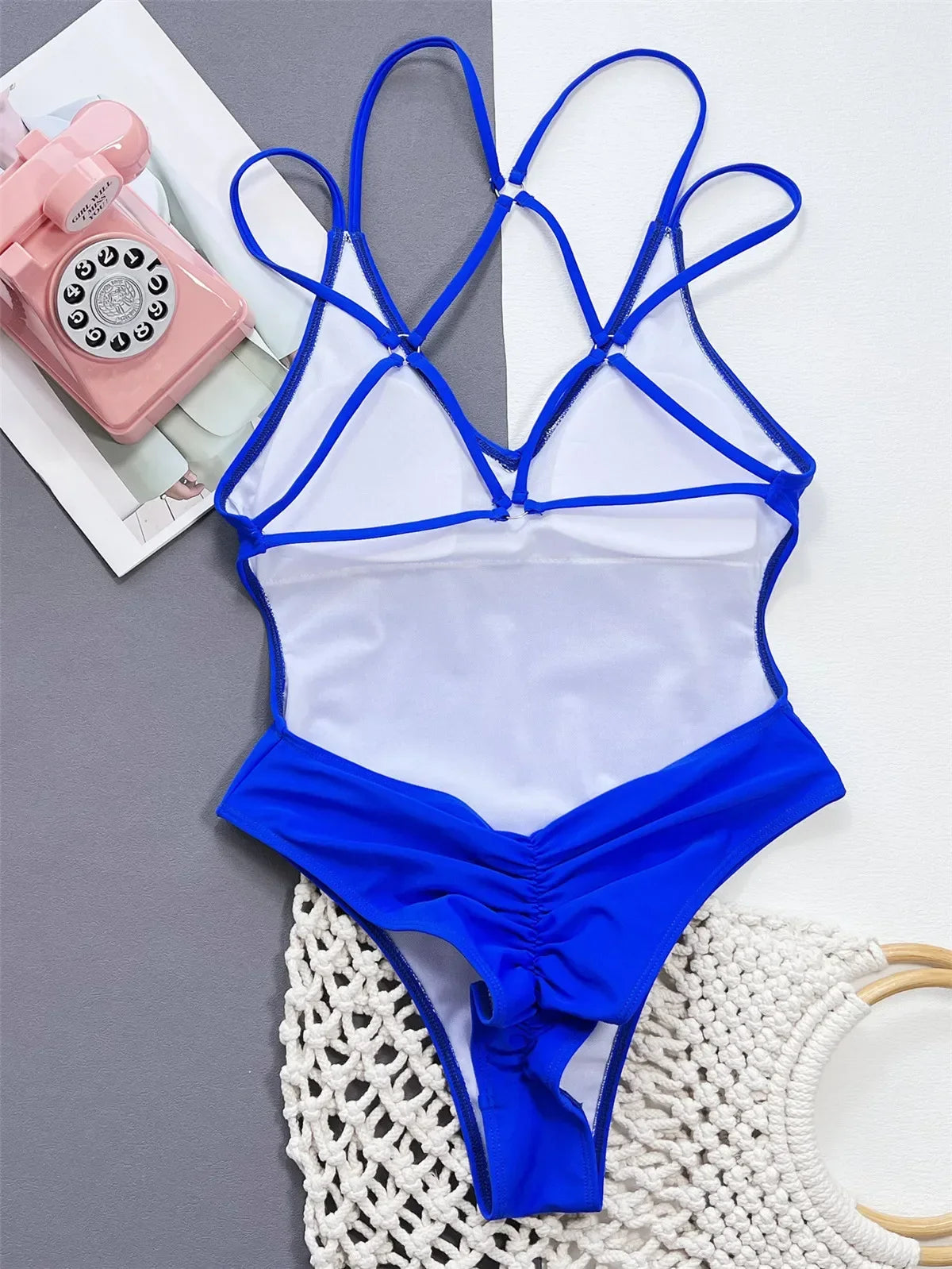 Solid Blue Backless Swimwear One Piece Sexy Swimsuit Women 2025 Back Cross String Bathers High Cut Bathing Suit Swmming Wear