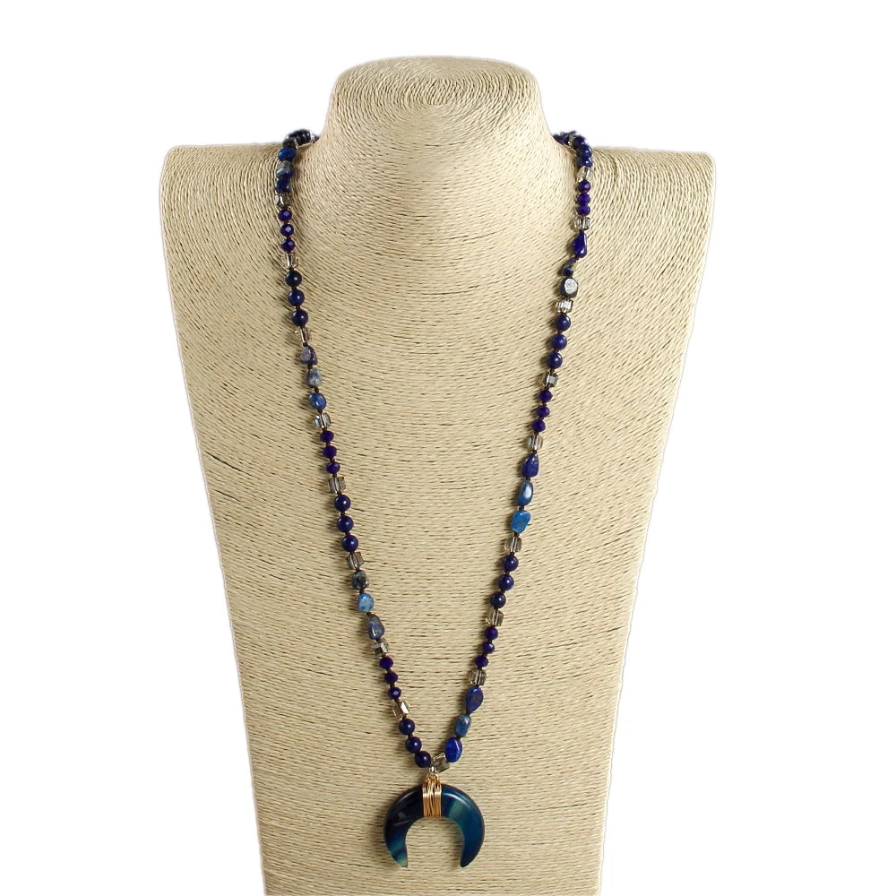 New Natural Crystal Aventurine Jade Agate Bull Horn Pendant 6mm Natural Stone Glass Knot Necklace Sweater Chain Women's Gift