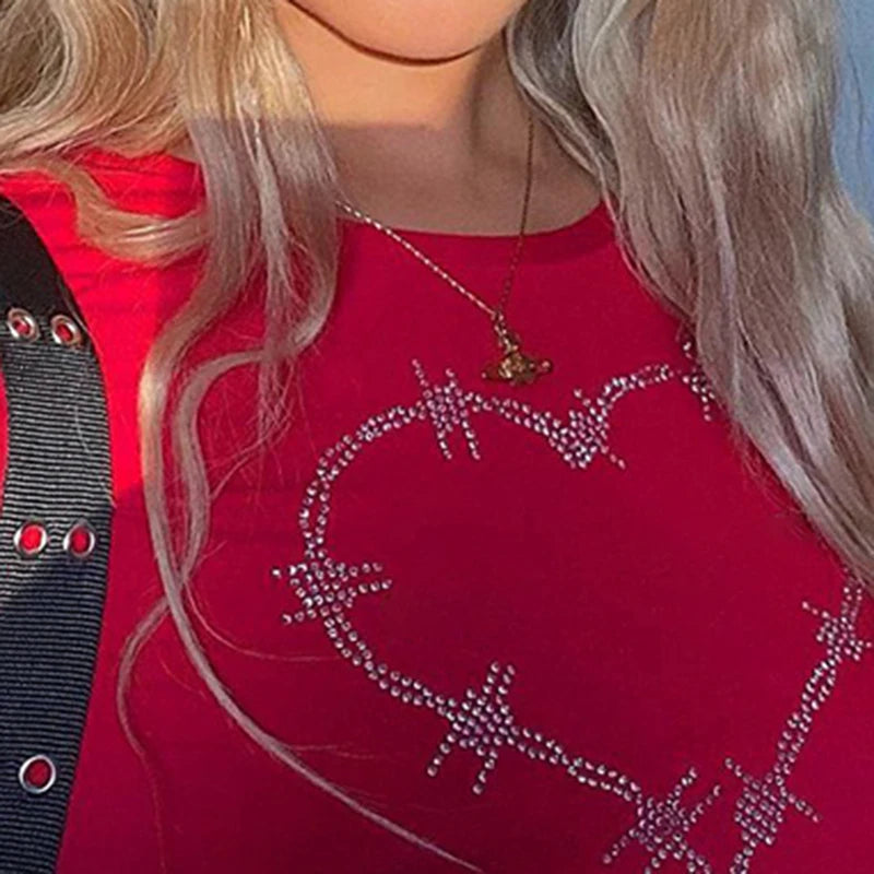 Women T-Shirt Y2k Style Crop Tops Tees Rhinestones Slim Graphic Summer Fashion Harajuku Streetwear Short Sleeve Women Clothes