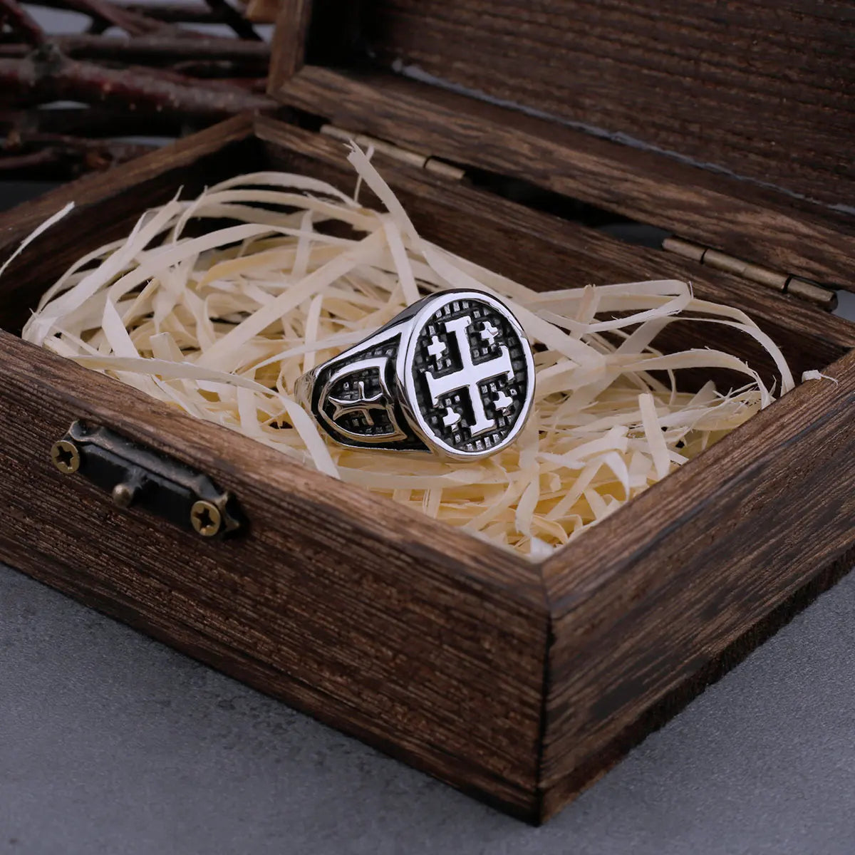 316L Stainless Steel Vintage Religious Jerusalem Cross Rings Men's Fashion Hip Hop Biker Rings Religious Jewelry Wooden Box
