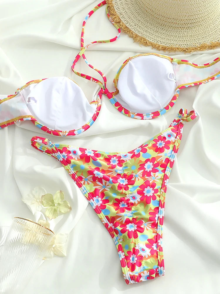 ZRTAK Push Up Bikinis Swimsuit Women Swimwear Print Bathing Suit Halter Beachwear Sexy Bikini Sets Thongs Solid Biquinis