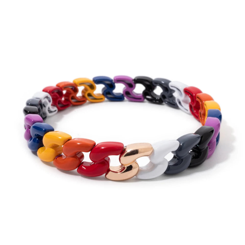 Rainbow Color Link Chain Shape Enamel Bracelets For Women Boho Beaded Bangle Accessory