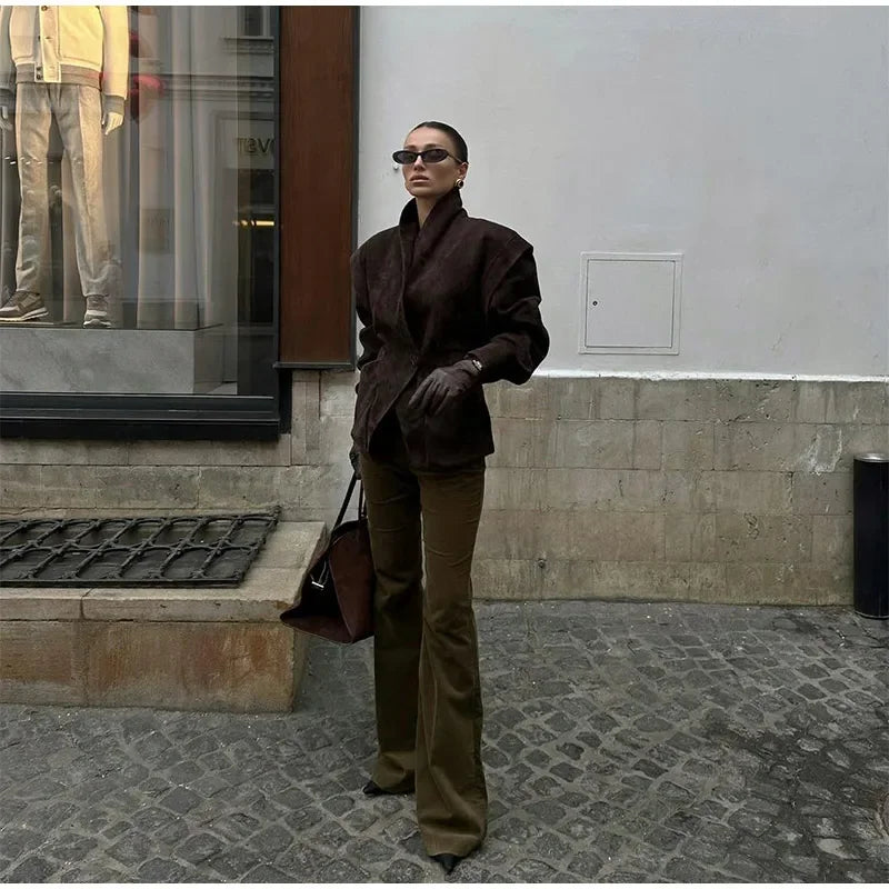Dark Brown Suede One Button Blazer Women Long Sleeve Wide Shoulders Coat Autumn Highstreet Commute Fashion Solid Lady Outerwears