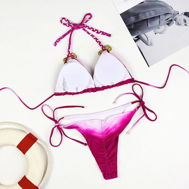 Sexy Micro Bikinis 2025 Women Halter Brazilian Bikini Set Female Pleated Swimsuit New Triangle Swimwear Beach Wear Bathing Suit