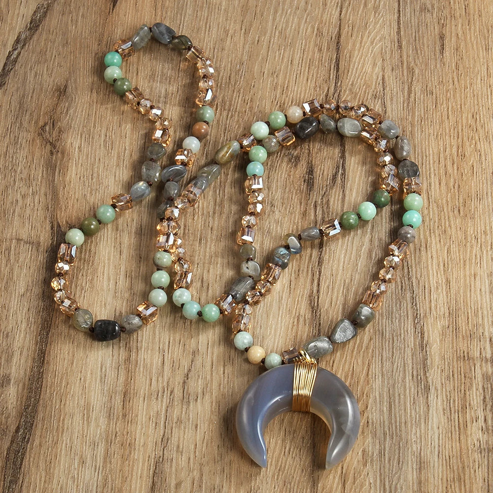 New Natural Crystal Aventurine Jade Agate Bull Horn Pendant 6mm Natural Stone Glass Knot Necklace Sweater Chain Women's Gift