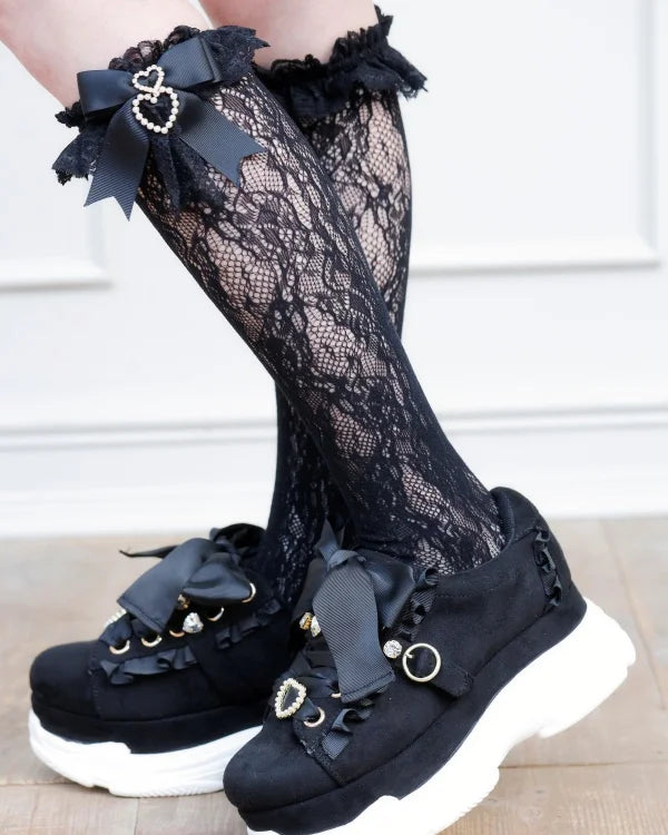 Handmade Sweet Lolita Bow Pearl Heart Pendant Lace Mid-Calf Socks Japanese Style Cotton Lace Socks Girls Women
