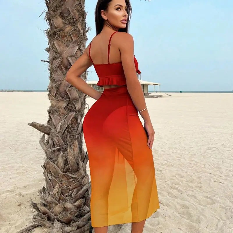 Cikini Sexy Gradient Color Three Piece Swimsuit Mesh Bikinis Set Summer Beach Swimwear Bathing Suit For Women