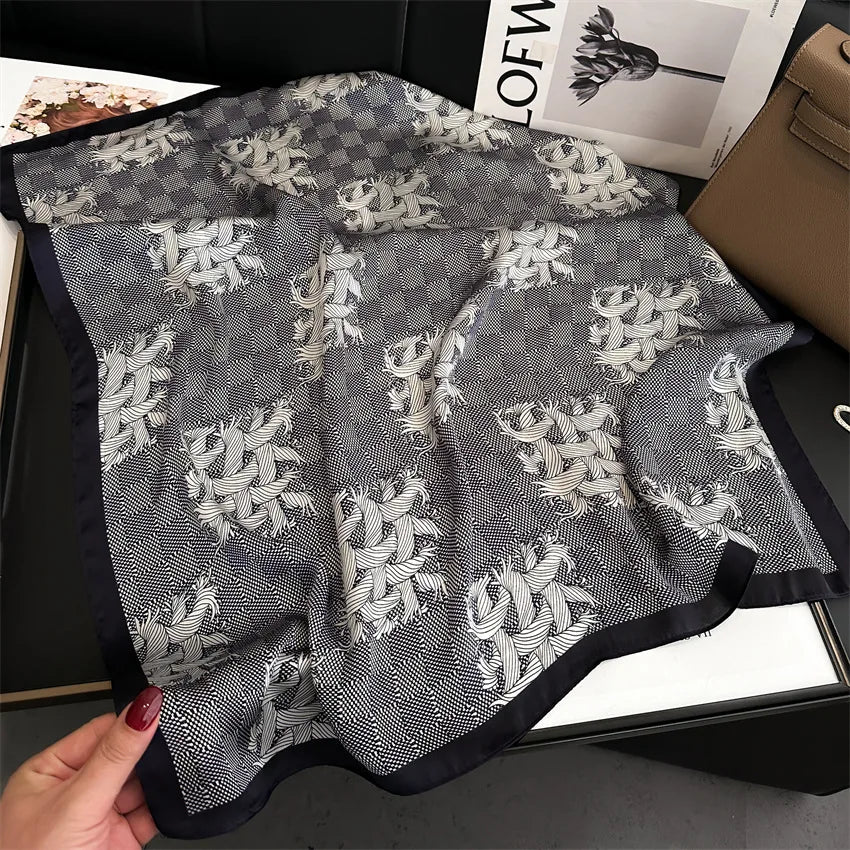 Imitated Silk Headcloth Fashion Flower Print Square Shawls Popular 70X70cm Bandanna Kerchief Sun Protection Silk Scarves Tie Bag