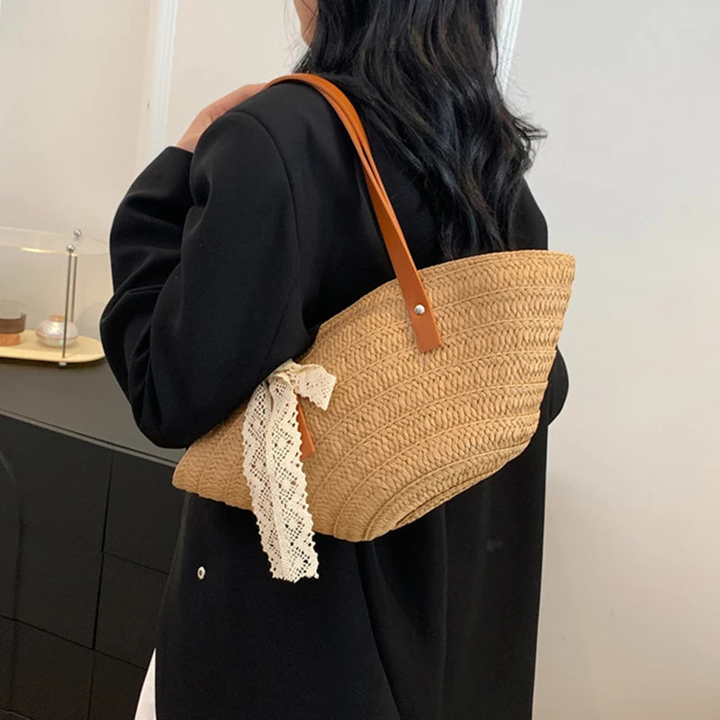 Women Braided Basket Clutches Bag Large Straw Portable Shoulder Bag Summer Beach Purses Shopper Satchel